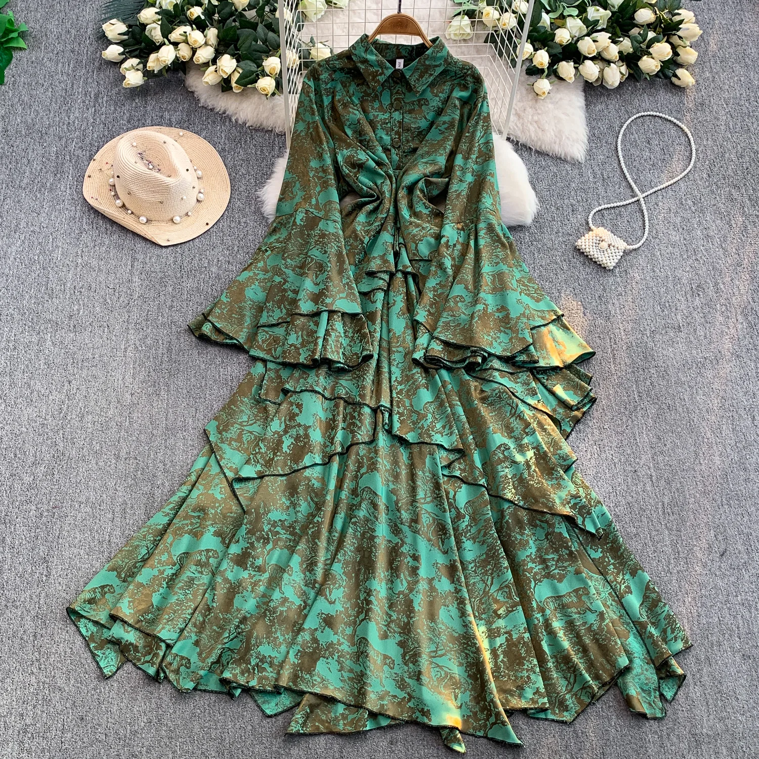 French retro print Elegant flared sleeve dress for women autumn winter slim irregular lotus leaf edge length Party Evening skirt