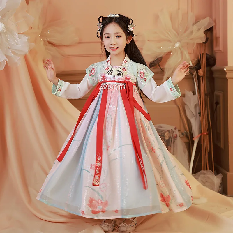 Kids Chiffon Spring Summer Ancient Hanfu Girls Long Sleeve Embroidery Tang Suit Children Chinese Lovely Perform Costumes