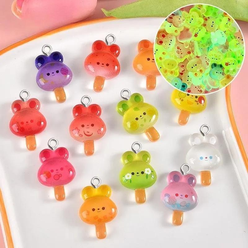 10 Stück leuchtende Kaninchen Eis Harz Charms Kawaii Ohrring Halskette Schlüssel bund Dekor Anhänger DIY Schmuck Handwerk Ergebnisse Zubehör