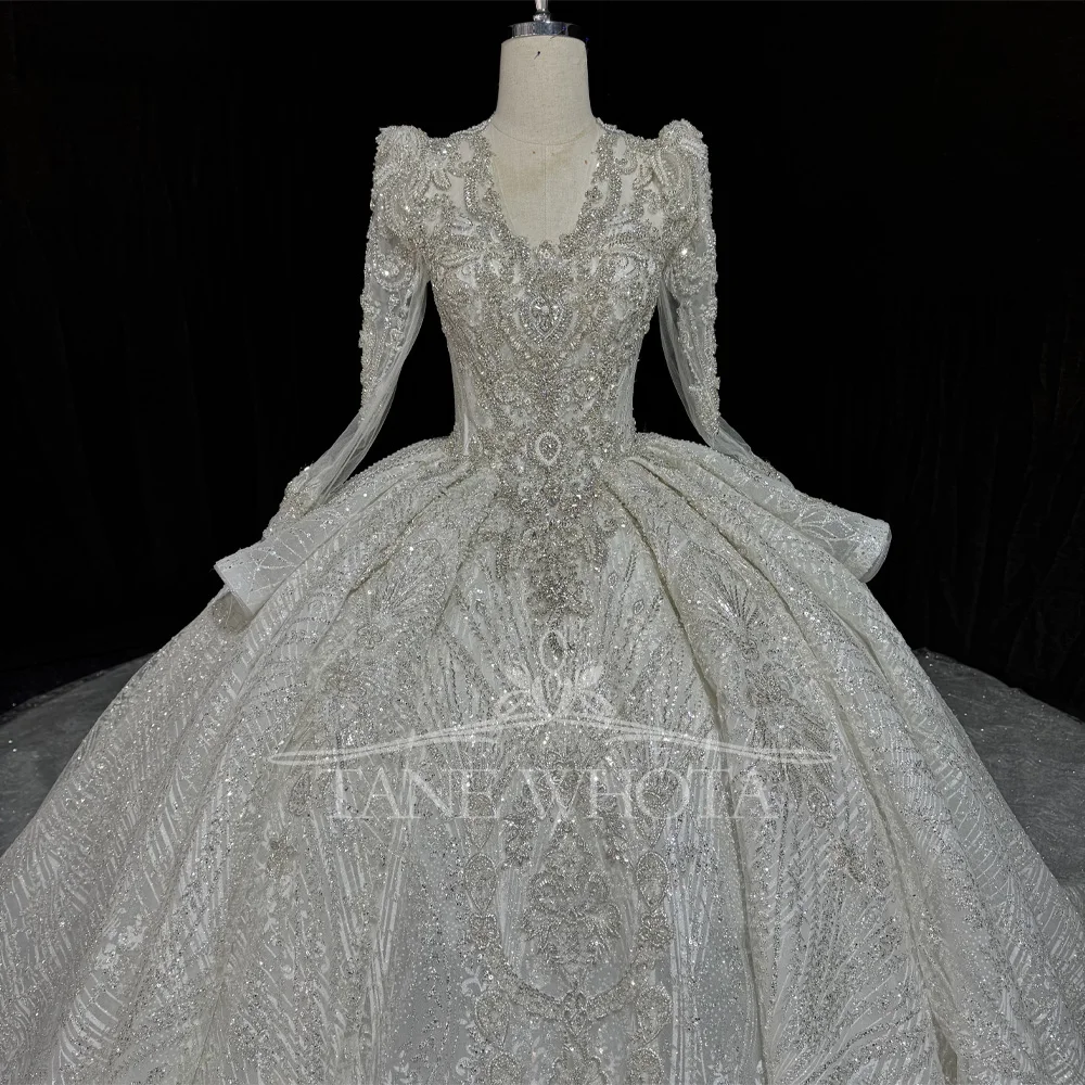 Luxury V-Neck Long Sleeve Wedding Dress Beaded Crystal Sequined Lace Up Keyhole Back Customizable Gown For Brides