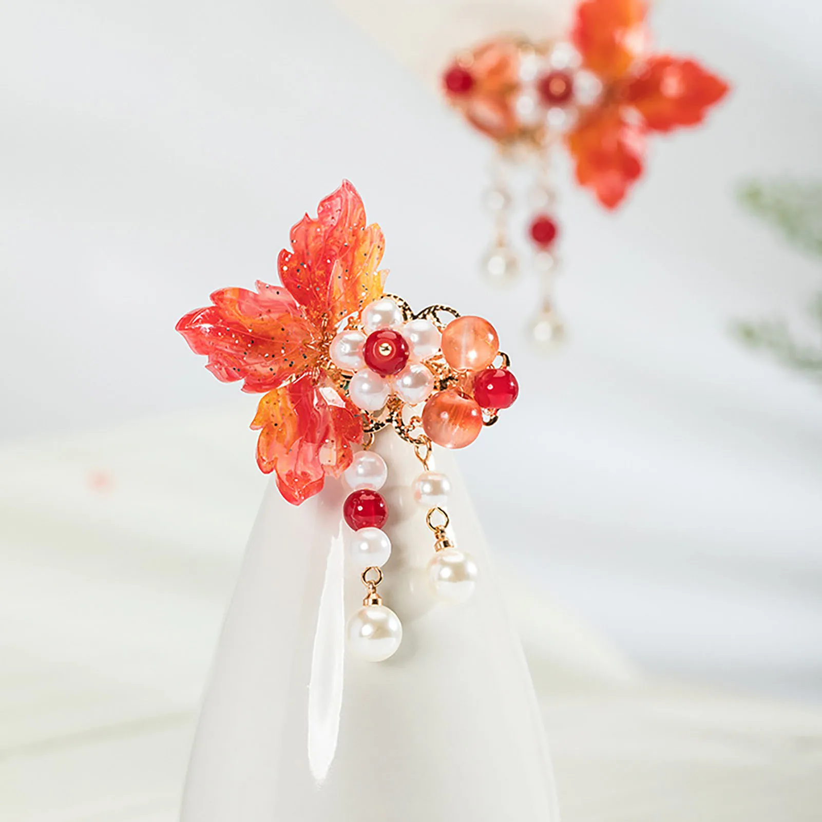 2pcs Vintage Hair Clips Red Leaves Chinese Hanfu Hair Accessories Girls Floral Barrettes Headpeice Retro Party Hair Jewelry