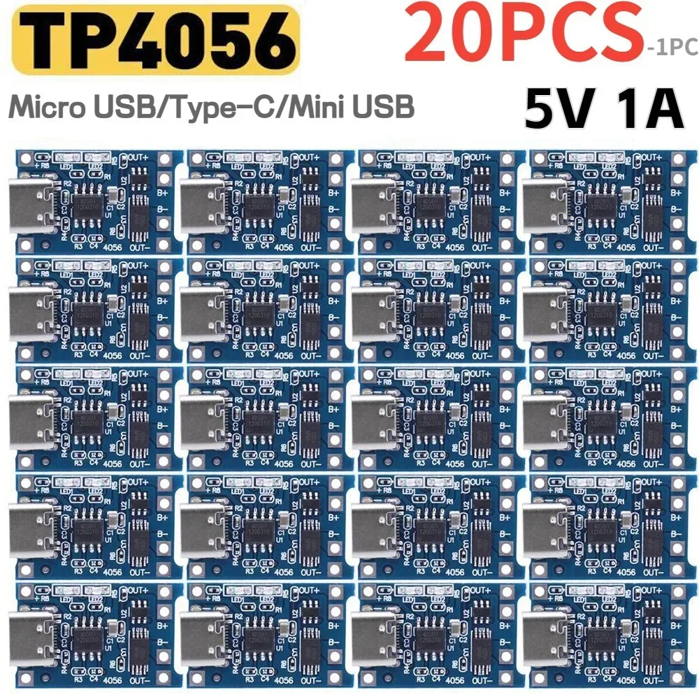 1-20PCS Type-c/Micro/Mini USB 5V 1A 18650 TP4056 Lithium Battery Charger Module Charging Board With Protection Function Li-ion