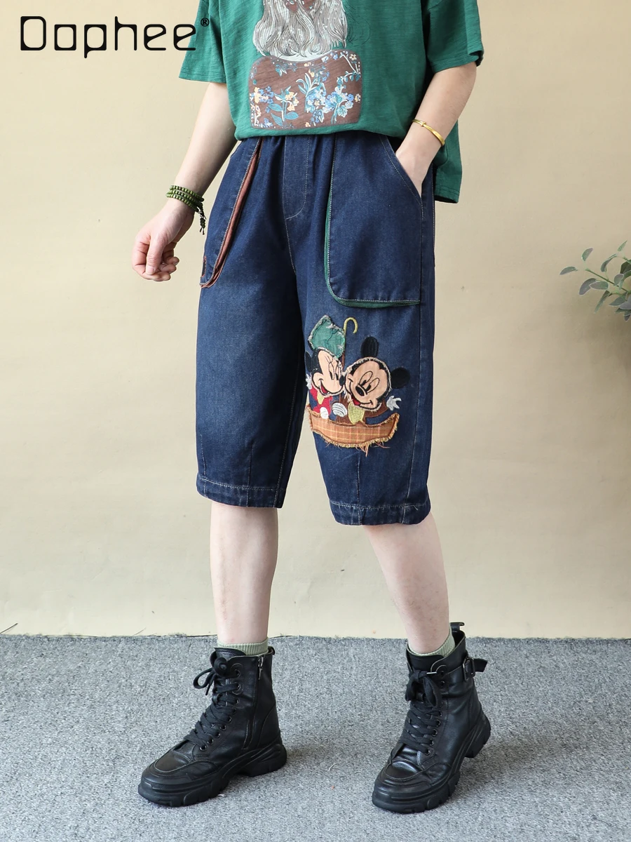 

Retro Large Pocket Cartoon Patch Embroidery Short Jeans Women Summer Loose Straight Cropped Pants Elastic Waist Thin Breeches