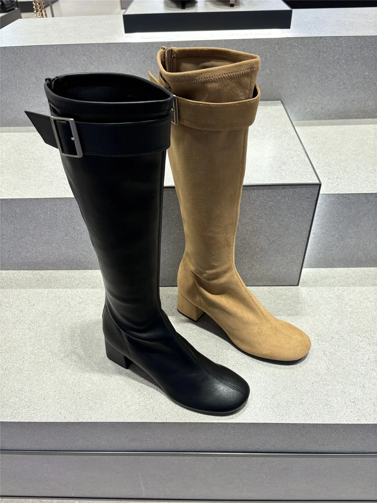 Buckle Strap Round Head Long Boots Zipper Knee High Women Shoes Zapatos Mujer Fashion Thick Heel Botas Femininas