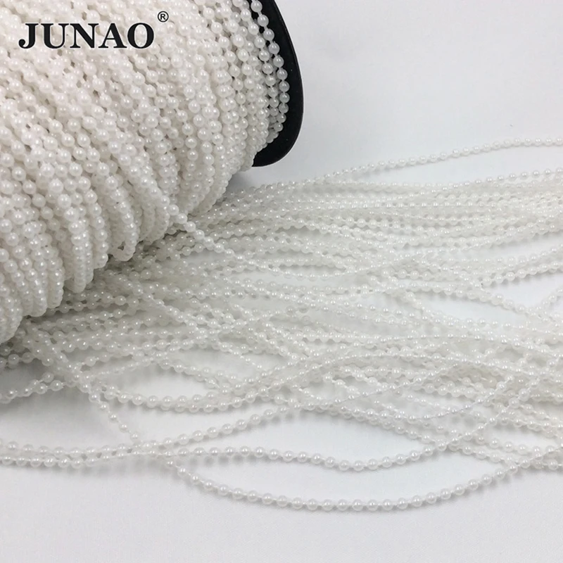 JUNAO 100 Yards 3mm White Round Pearl Chain Plastic Loose Beads Trim Sewing Pearls Strands For Wedding Party Decoration