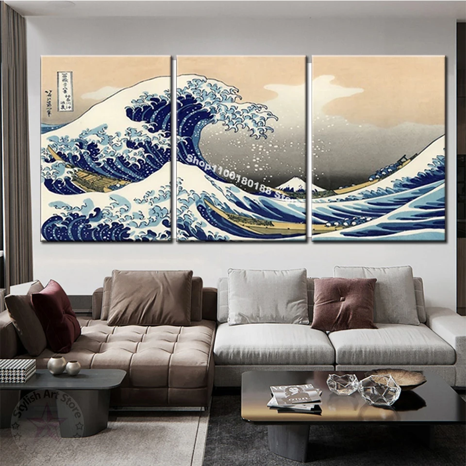 3Pcs Diy Diamond Painting Katsushika Hokusai Great Wave Off Kanagawa Widoki góry Fuji Naklejka ścienna Obraz Tryptyk Dekoracja