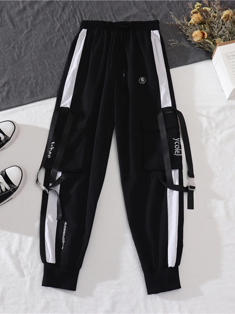 Korean Sportswear Two-piece Suit Harajuku Street Long Sleeved Pullover Hoodies with Cargo Pants Loose High Waist Joggers Women