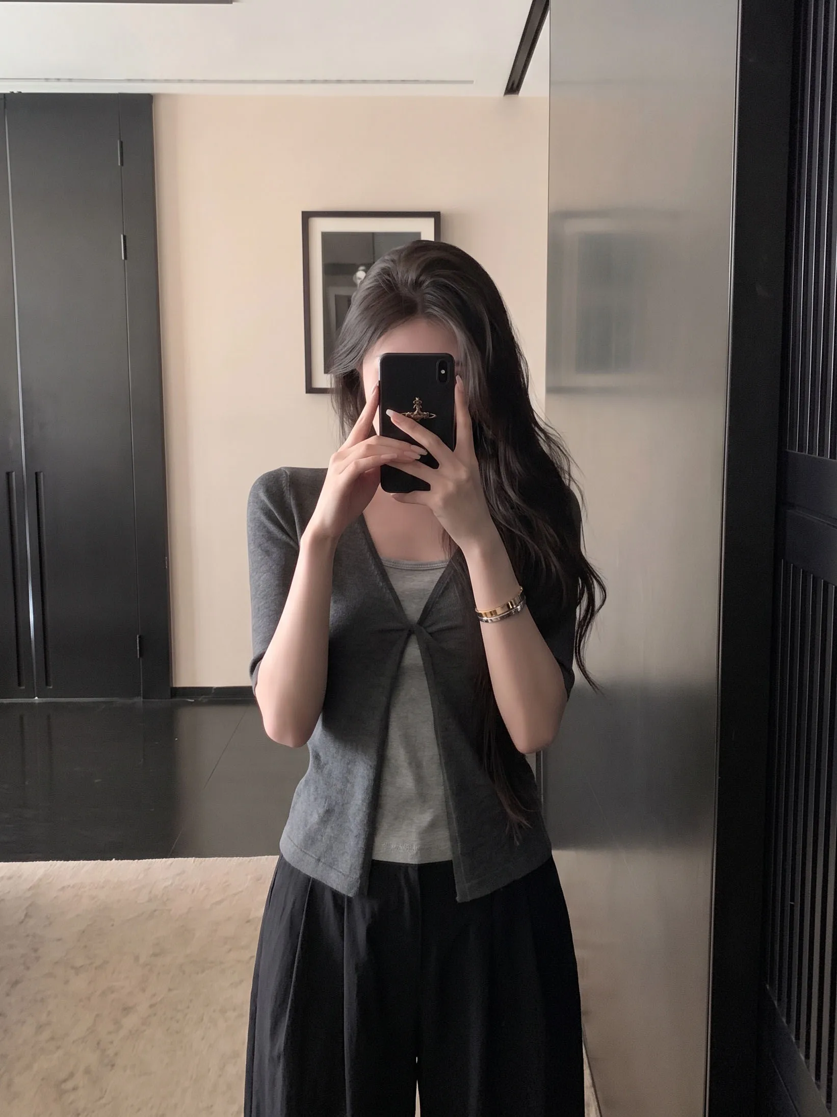 Color Block Design V-Neck Mid-Sleeve T-Shirt Women's Early Autumn New Style Slimming Versatile Daily Wear Ladies Top