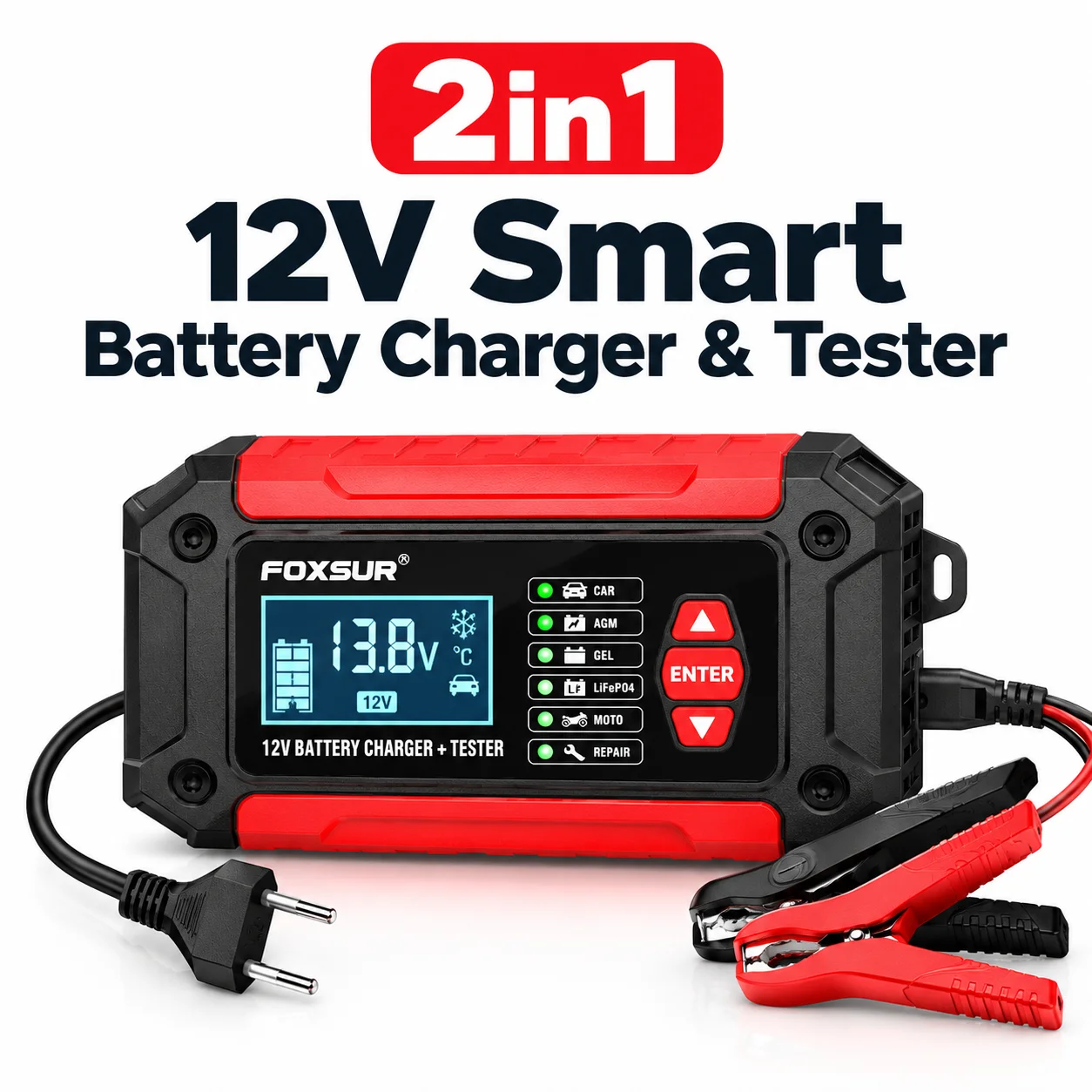 2-in-1 12V Smart Battery Charger & Tester Automotive Battery Charging Diagnostic Tool for Car Motorcycle