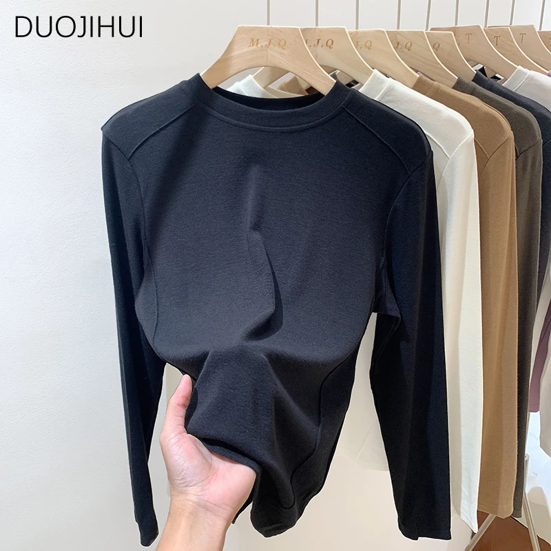 DUOJIHUI Dark Grey Basic Long Sleeve Loose Women T-shirts Autumn Classic O-neck Simple Casual Pure Color Fashion Female T-shirts