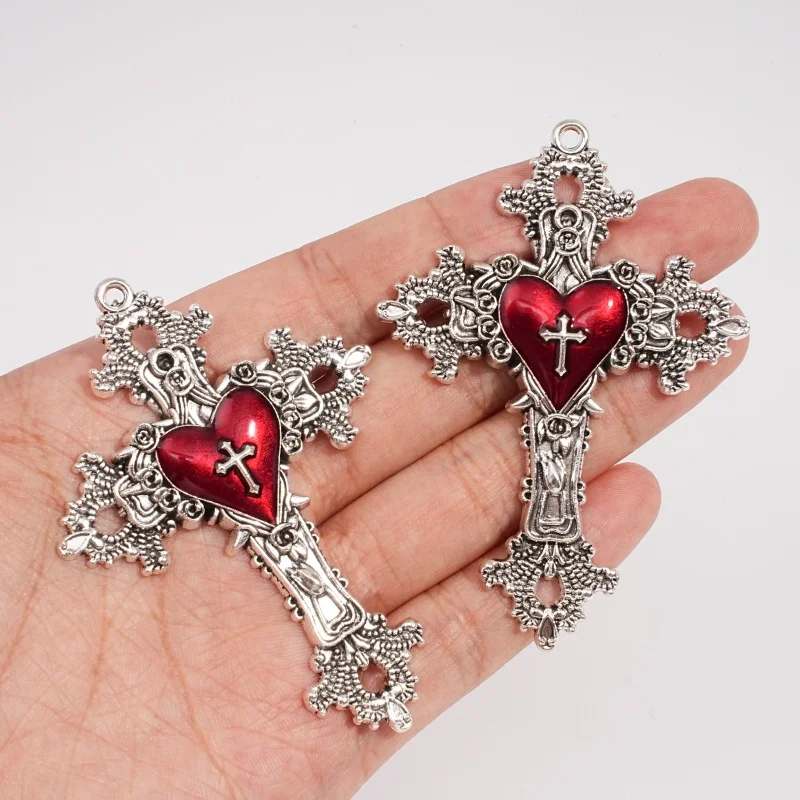 5Pcs Gothic Red Love Imitation Silver Decorative Cross Accessories Thorn Cross Pendant Necklace Bracelet Accessories