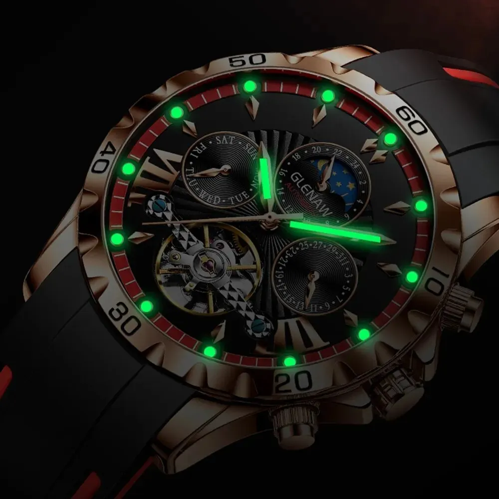GLENAW ساعة مرحلة القمر للرجال من الفولاذ المقاوم للصدأ ، ساعات من أفضل العلامات التجارية ، فاخرة