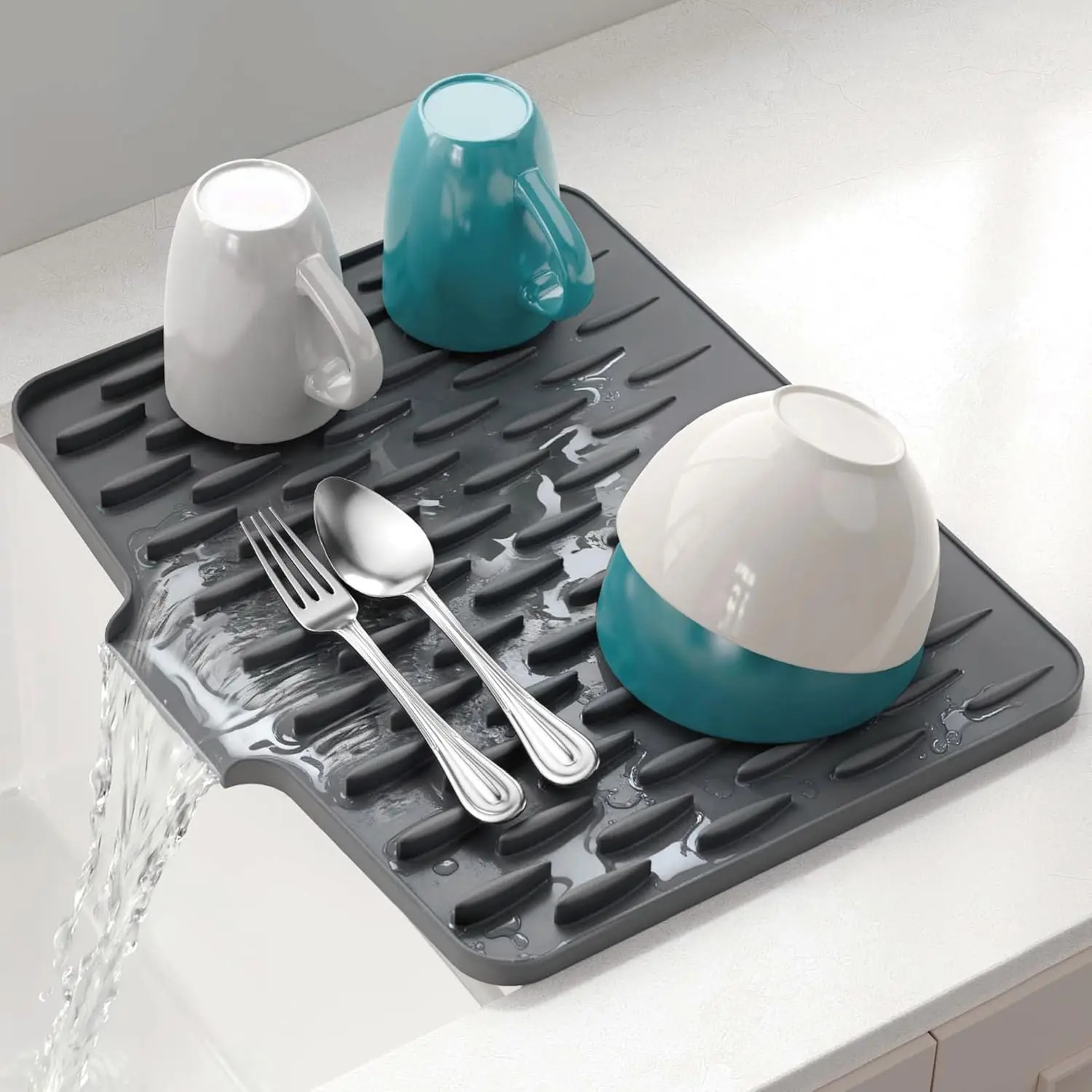 Silicone Dish Drying Mat for Kitchen Counter Fast Drainage Design for Vegetables Fruits Heat Resistant Non-Slip Dishwasher Safe