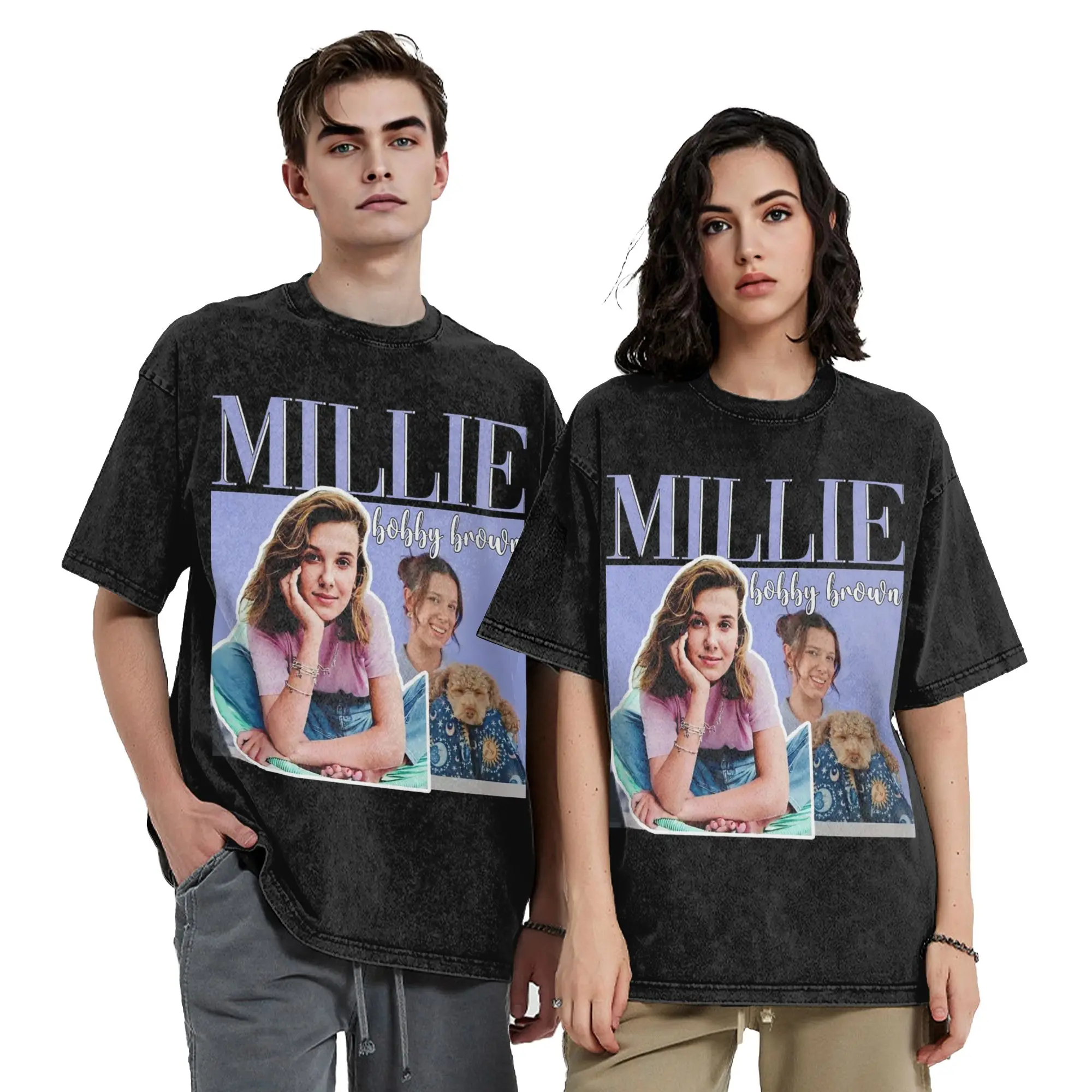 Washed T Shirt Millie Bobby Brown Hip Hop Fashion T-Shirt Oversize  Streetwear Cotton Summer Tops Tee Shirt Men Women