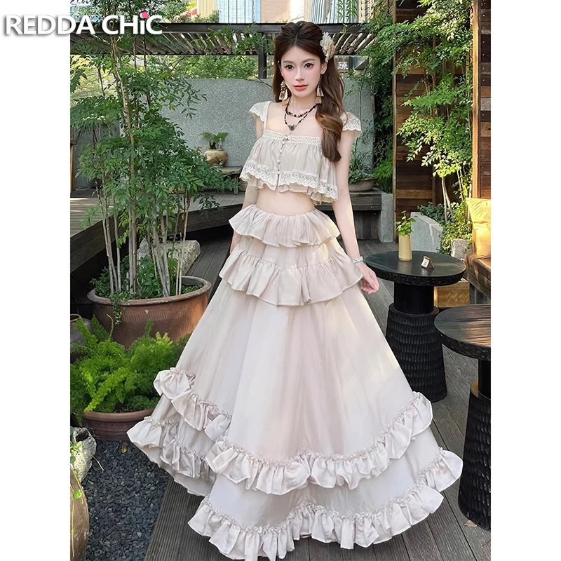 

Женский комплект REDDACHiC: укороченный топ и юбка, рукава-крылышки, на пуговицах, с кружевной отделкой, майка-камизоль, многоярусная длинная юбка с оборками, летняя одежда в стиле фейрикор