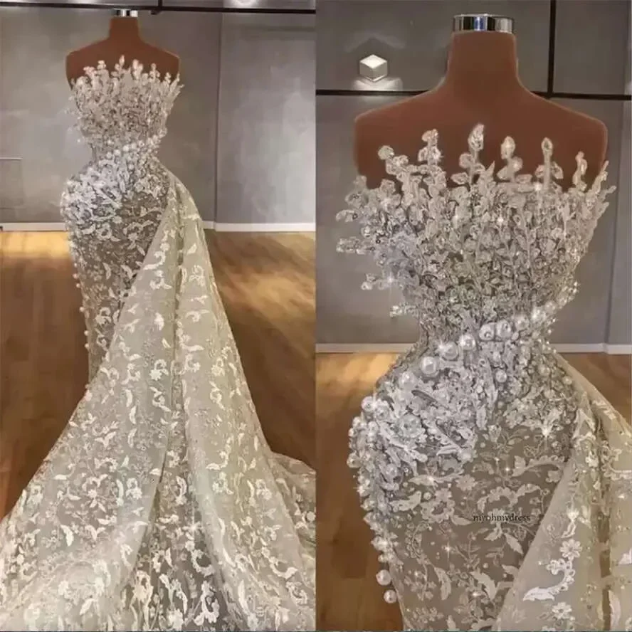 

Sparkly Strapless Wedding Dresses Women Sexy Pearls Sequined Bride Dresses Side Train Floor Length Bridal Gown Customized