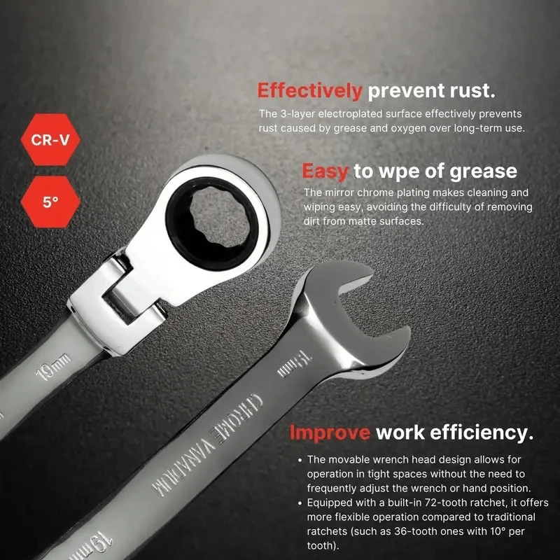 مجموعة مفاتيح ربط برأس مرن مكونة من 12 قطعة، مجموعة مفاتيح تصعيد، متري 8-19 مم، 72 سنًا، مجموعة مفاتيح ربط بسقاطة من الفولاذ Cr-V مع حقيبة