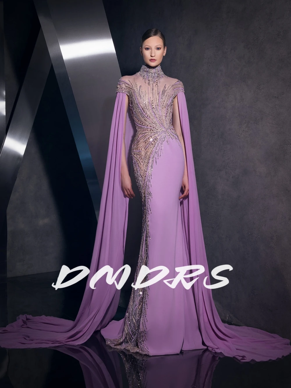 

Popular Purple Long Sleeve Cape Evening Dress Stylish Sequined High Neckline Gorgeous Cocktail Gown Customized Red Carpet Gown