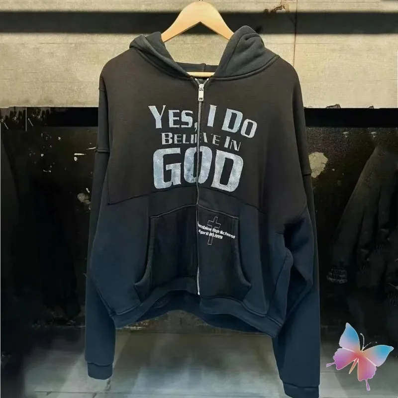 

24ss I Do Believe in God ERD Jackets Men Women Vinatge Street Patchwork Pocket Terry Zipper Hoodie Enfants Riches Deprimes Coats