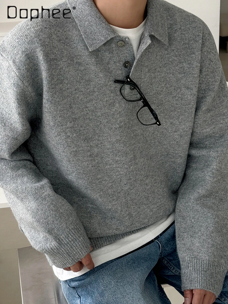 

Осень-зима, новый корейский стиль для поездок на работу, серый пуловер с отложным воротником, свитер, мужской универсальный теплый бежевый коричневый вязаный свитер