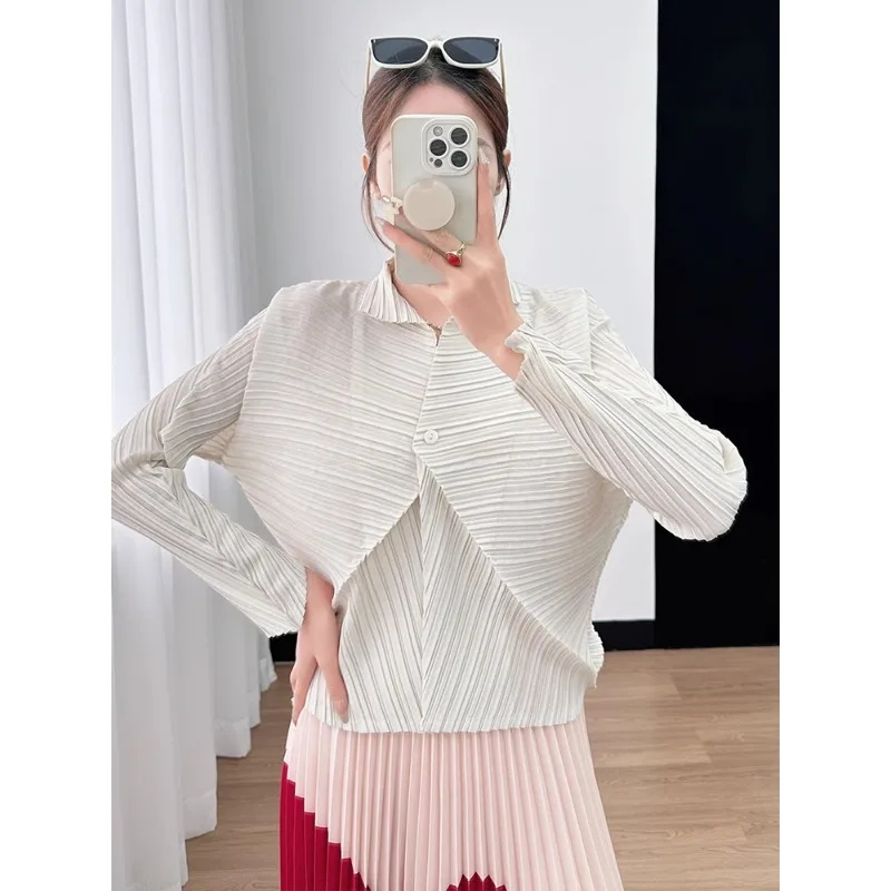 Miyake Pleated Cardigan Jacket Spring and Autumn Casual One-button Irregular Shirt Ms. Commuter Korean Fashion Short Tops