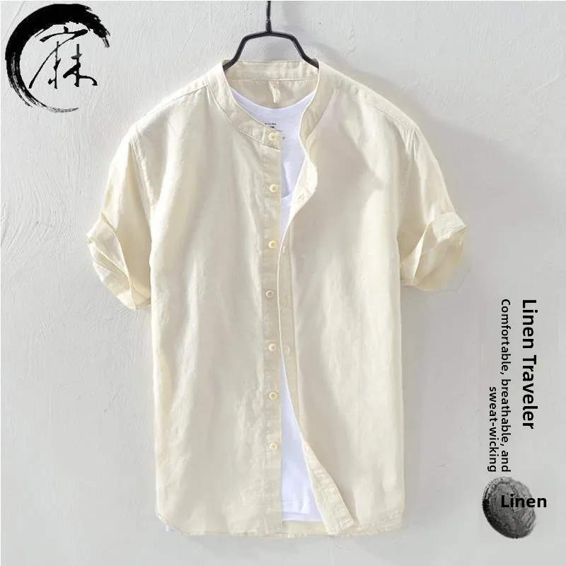 

Casual Cotton Linen ort Sve irt Men's Summer Faion round Ne Linen Fabricupper Garment Comfortable Breathable Slim Fit
