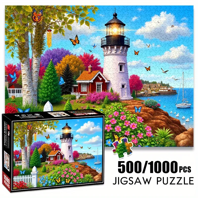 500/1000-teiliges Papierpuzzle: Verträumter Leuchtturmgarten am Meer mit bunten Schmetterlingen, großes Puzzlespielzeug für Erwachsene, interaktiv