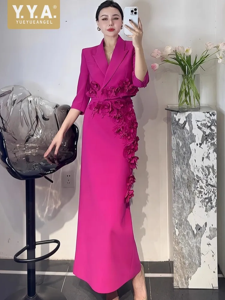 2025 Top Quality Women Spring Autumn Flower Suit Long Skirt Single Button Blazer Chic Slim Fit Two Piece Set Fashion Outfits