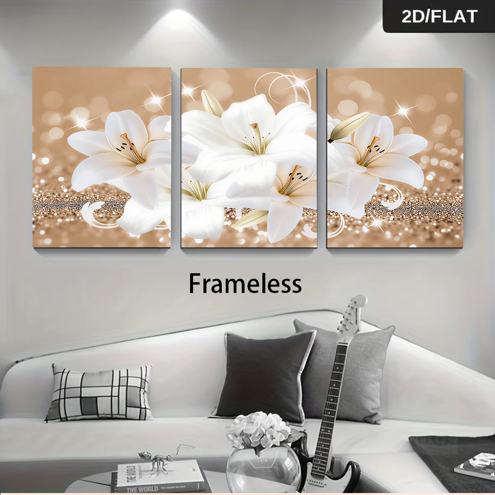 1 set of fresh white lily flower triptych frameless decoration painting, living room sofa background wall painting 2D plan