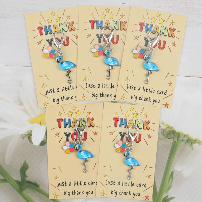 5/10pcs 2dLucky Flamingo Series Keychain Set Accompanying thank-you greeting card Daily Happiness Pendant Key，For ladies/Inspira