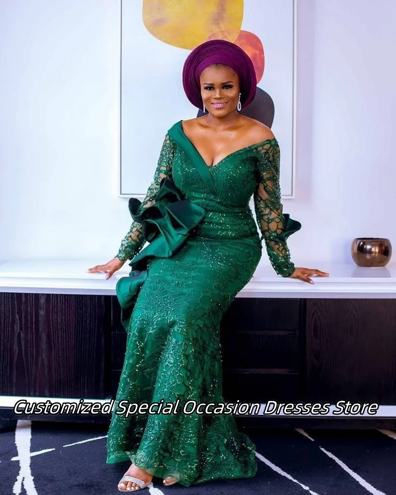 Verde beading com decote em v vestido de noite para meninas africanas longo sereia vestidos de baile delicado babados vestidos de festa de casamento personalizado