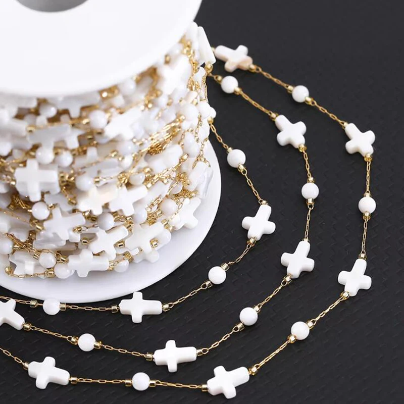 

1-метровая цепочка из натуральных бусин в виде ракушек для изготовления ювелирных изделий, цепочки из нержавеющей стали с четырехлистной цепочкой клевера для изготовления ювелирных изделий своими руками