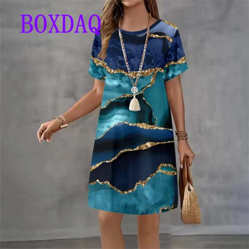 

Винтажное женское платье в полоску с цветными блоками и принтом, повседневное летнее свободное платье трапециевидной формы с короткими рукавами и круглым вырезом, уличный сарафан