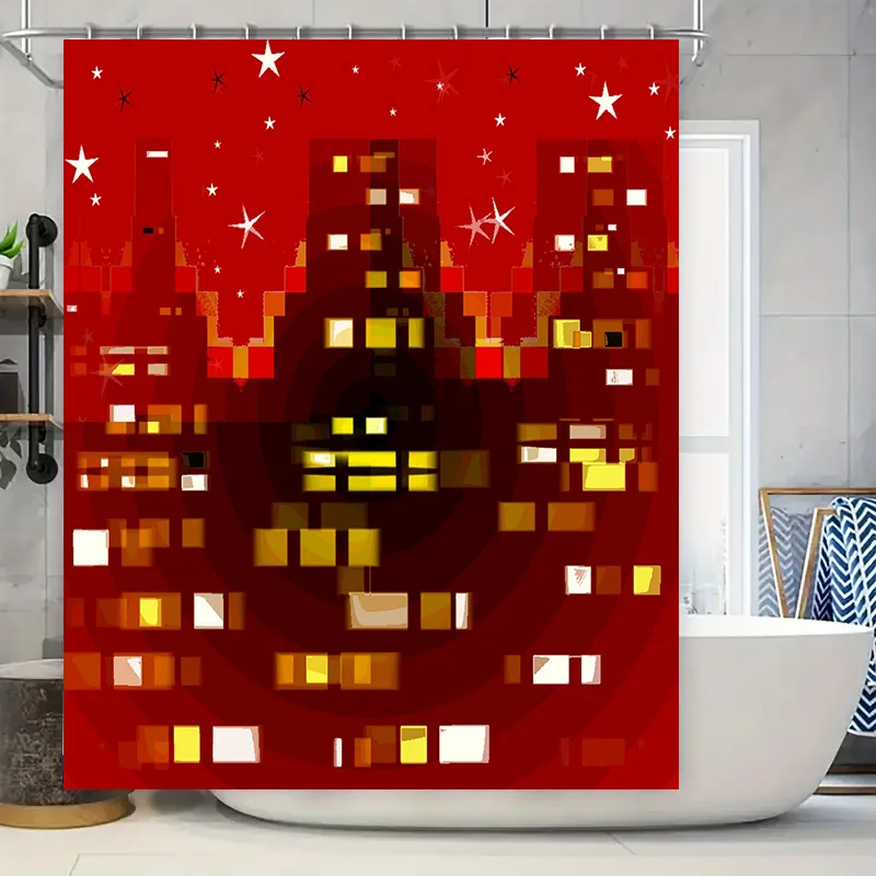 

Красный светодиодный городской пейзаж занавеска для душа Pixel Art Design для украшения ванной комнаты