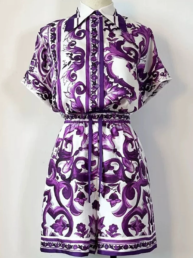 

Summer new temperament female suit single-breasted short-sleeved loose shirt elastic waist wide-leg shorts casual two-piece suit