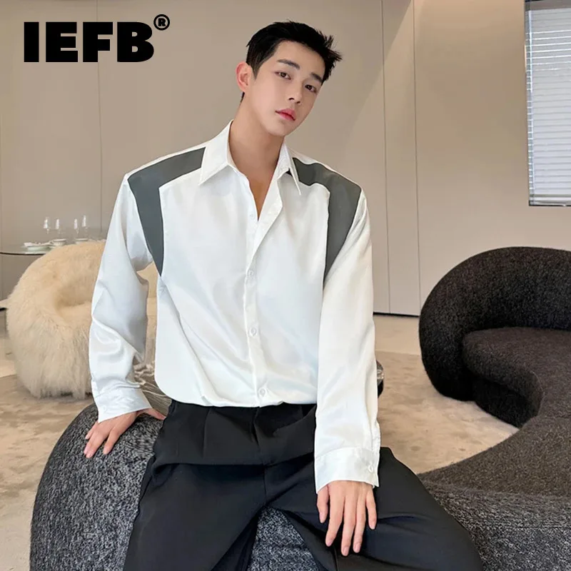 

IEFB Korean Style Lapel Long Sleeve Shirt Patchwork Contrast Color Male Shirts Single Breasted Loose Men's Top Temperament 5546