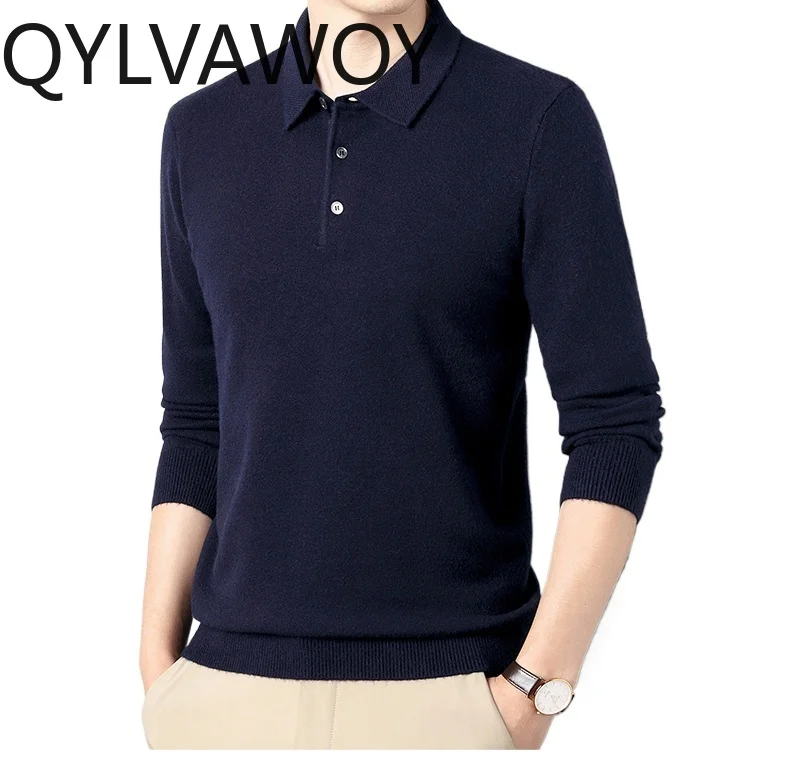 QYLVAWOY 100% Cashmere Polo Shirt Winter Thickened Pullovers Men Clothing Solid Lapel Collar Men T Shirt Short Sleeved Polos