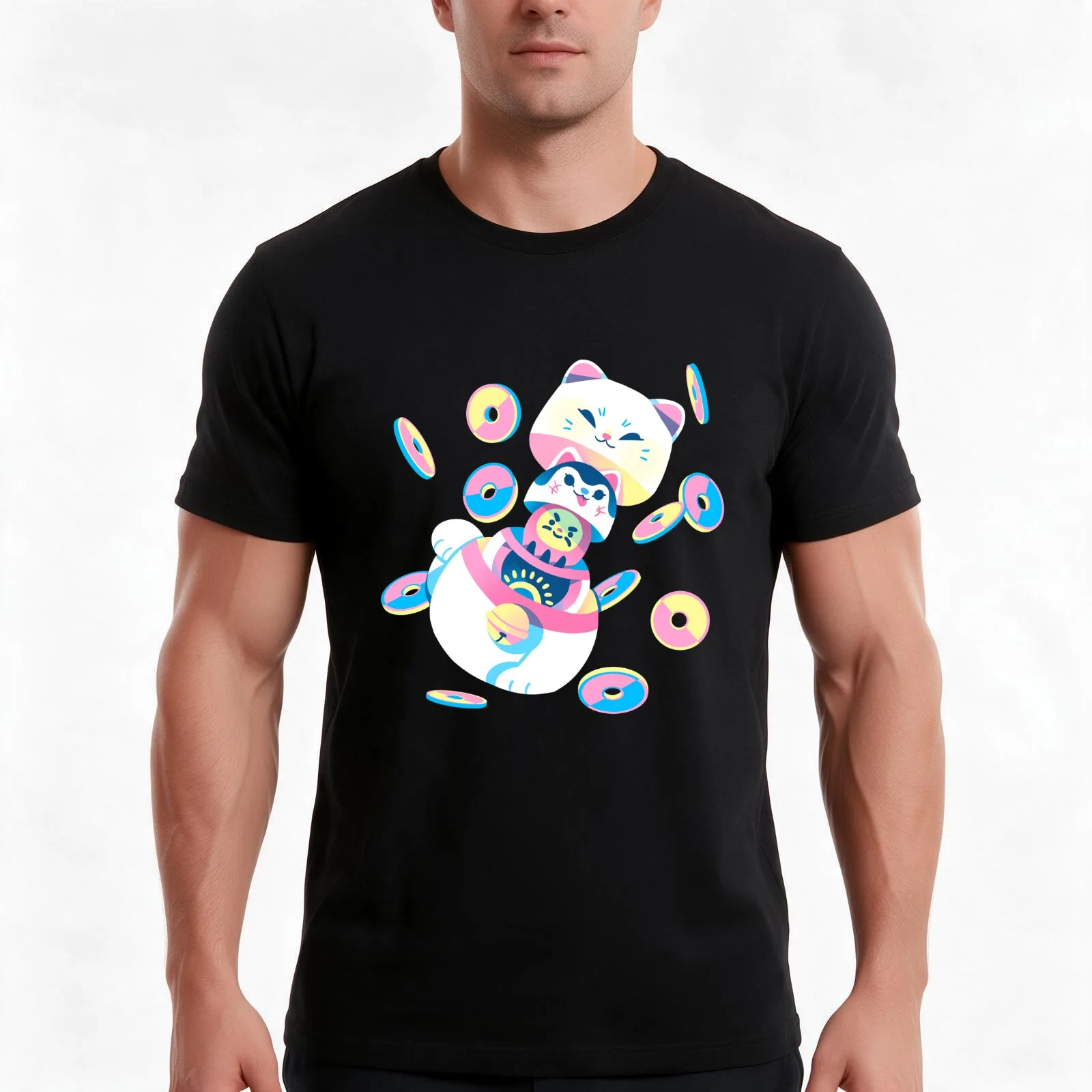 Matryoshka Maneki Neko T-Shirt, Summer Casual Cotton Tee, Oversized Streetwear Tops, Vintage Graphic Print, Unisex Men Women