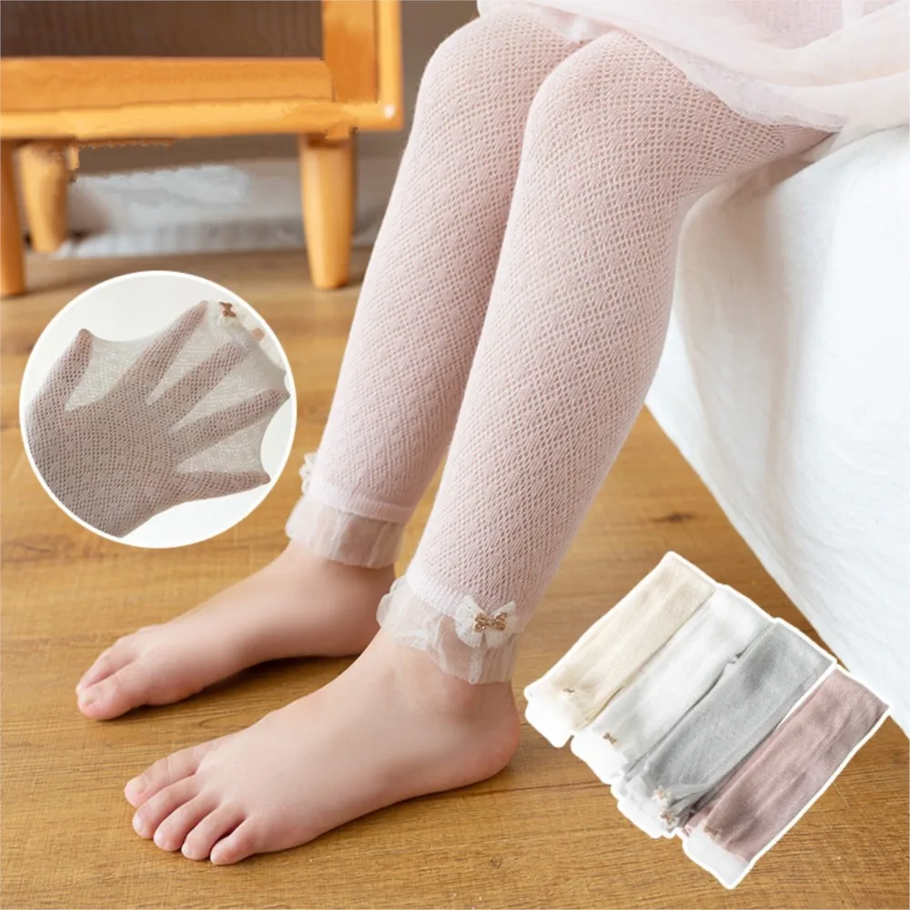 

Summer new girl pantyhose ultra-thin mesh lace bowknot tights children nine minutes of pants girls anti-mosquito trousers