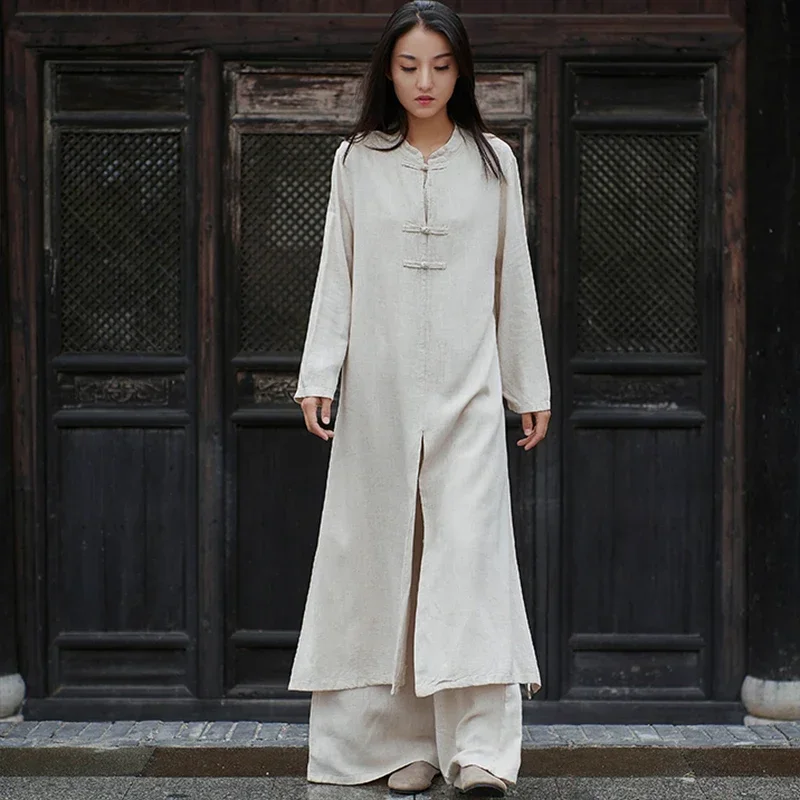 New Women Chinese Traditional Tang Suit Cotton Linen Robe Pants 2pcs Set Wide Leg Trouser Long Kung Fu Tai Chi Uniform Set