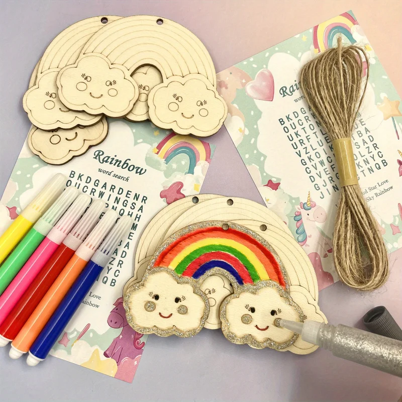 Exquisite DIY Handmade Wooden Rainbow Craft Kit 24pcs with 6Pens 1Rope 2Stickers for Spring Activity