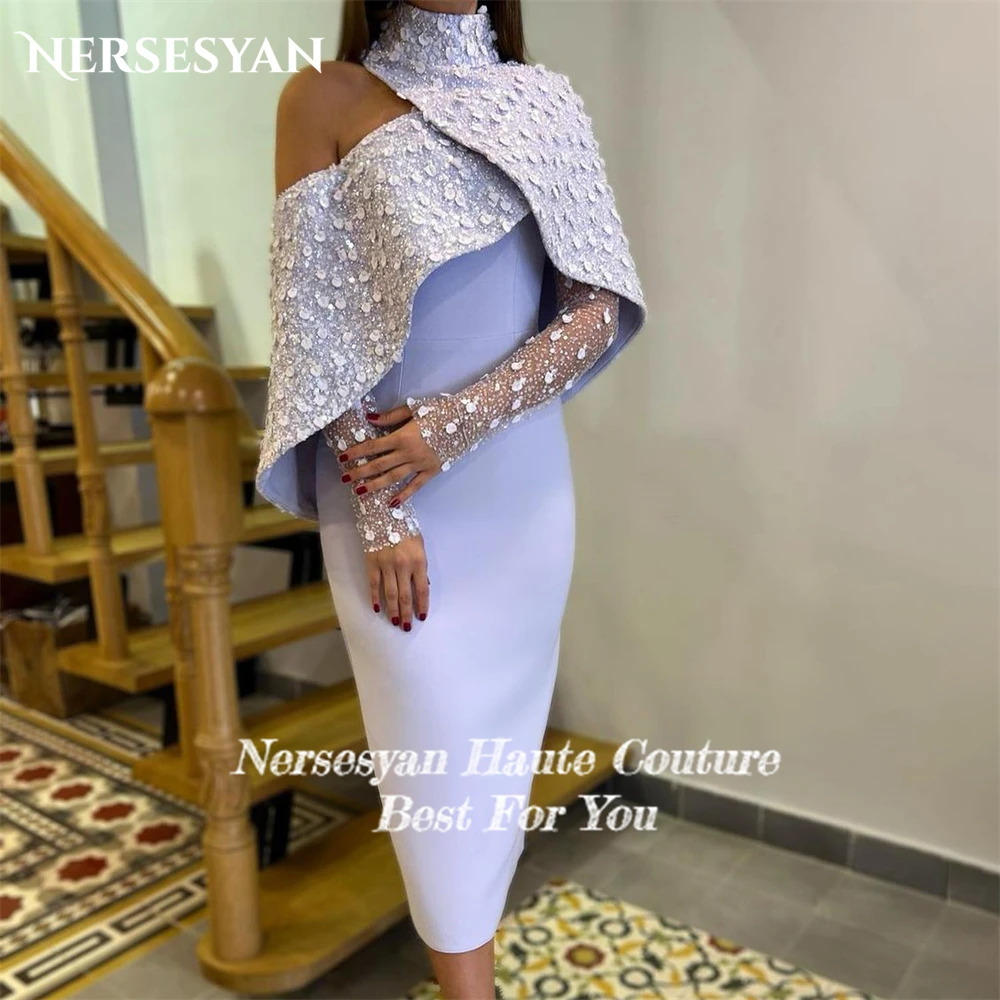 Nersesyan Lavender Glitter Formal Evening Dresses High Neck 3D Flowers Bodycon Sparkly Prom Dress Long Sleeves 2024 Party Gowns