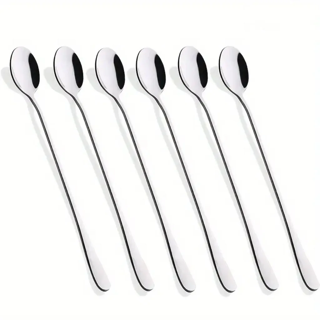 

6 stainless steel long handle teaspoons, machine washable. Suitable for cocktail stirring, bars, dessert shops