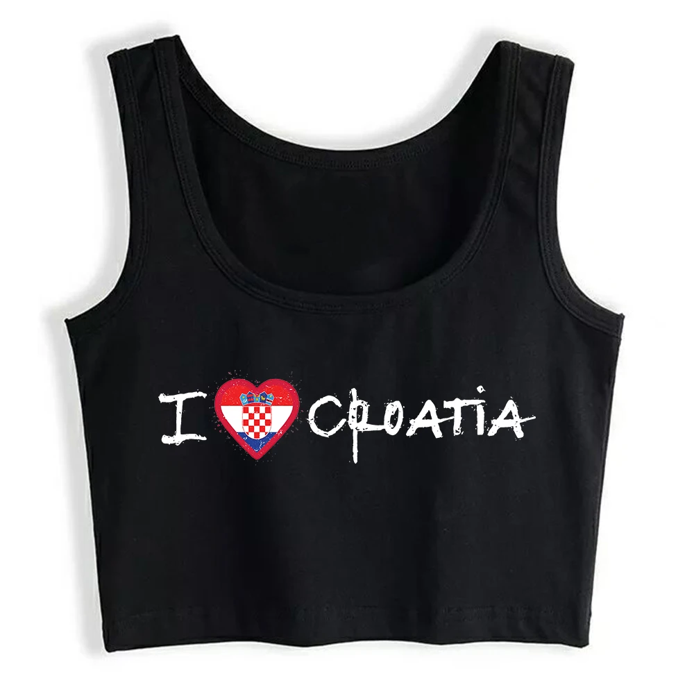 I Love Croatia Design Sexy Fit Crop Top Croatian Flag Shape Heart Illustration Tank Top Girl's Cotton Sports Fitness Camisole