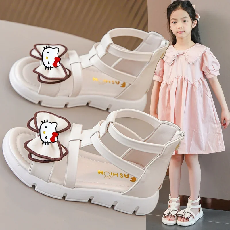 Sanrio Hallo Kitty Kinder Mädchen Sandalen Sommer 2024, neue Mode weiche Sohlen Peep Toe Prinzessin Schuhe Mädchen Student Slipper Sh