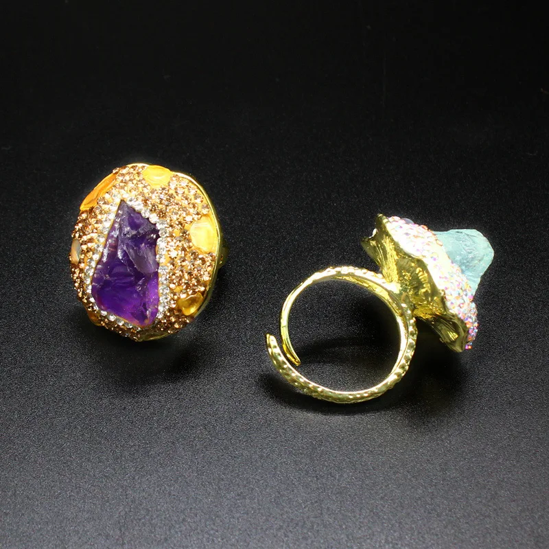 Polly Boho Women Jewelry Pure Gold Color Large Raw Natural Crystal Fluorite Amethysts Aquamarine Adjustable Rings