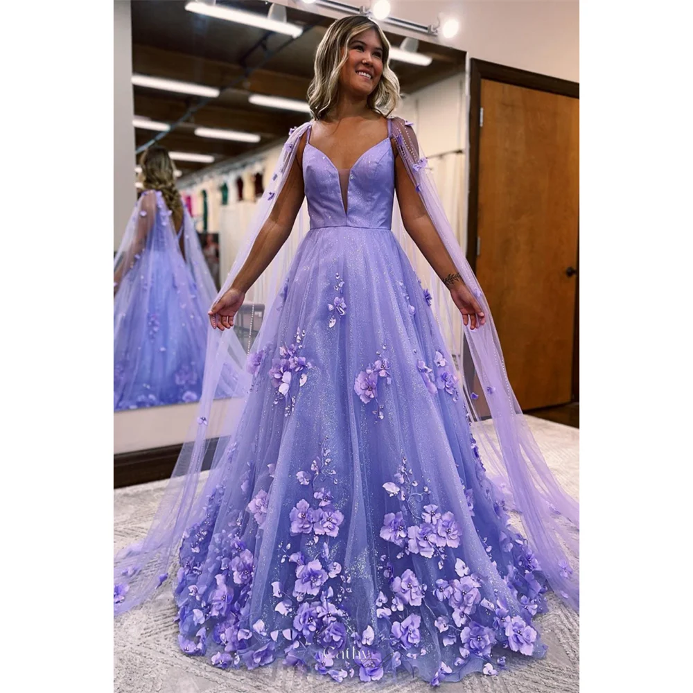 

Cathy Purple A-line Tulle 3D Flowers Prom Dress Spaghetti Strap Shawl فساتين سهرة Elegant Floor-length vestidos de fiesta 2024