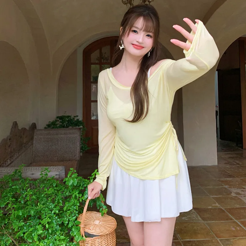 maio-coreano-y2k-plus-size-branco-com-shorts-embutidos-e-manga-longa-vestido-de-praia-feminino