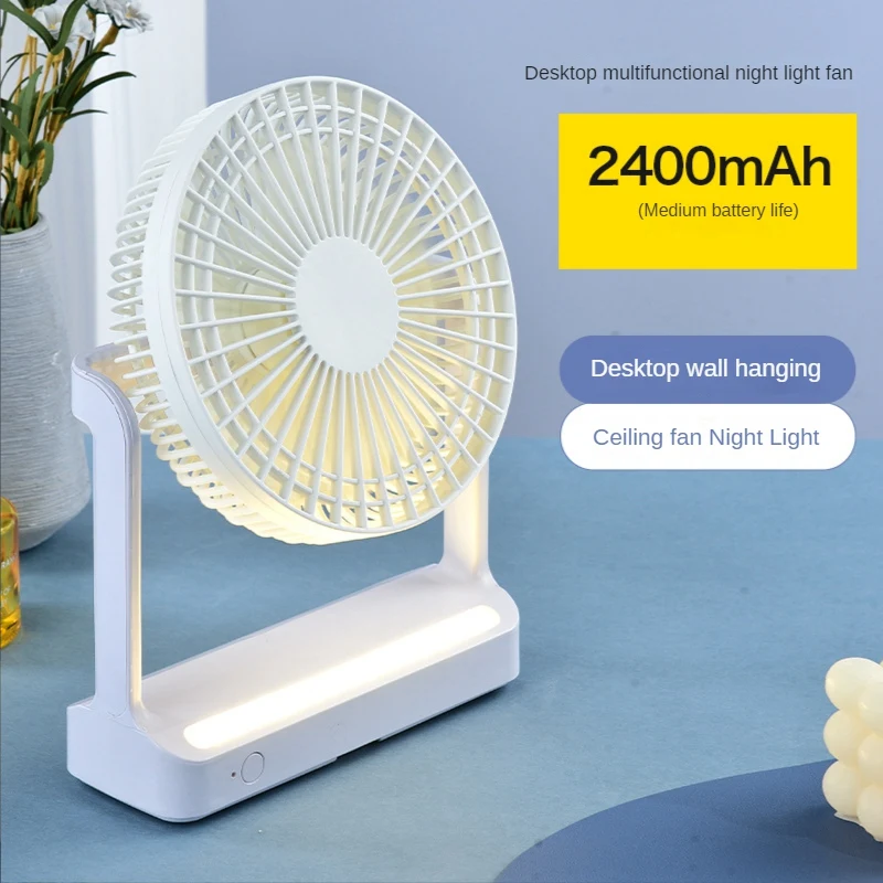 Ventilador pequeño de escritorio con cabezal giratorio para colgar en la pared, ventilador de techo con luz nocturna, Mini VENTILADOR DE MESA portátil