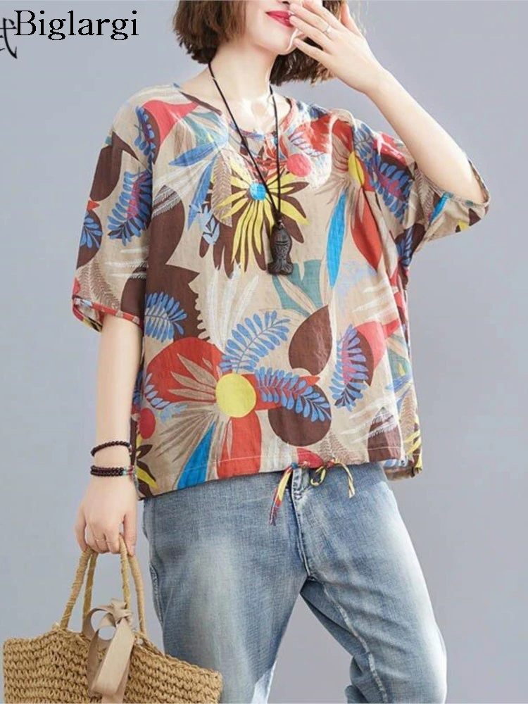 

Летняя женская футболка оверсайз из хлопка и льна с цветочным принтом, повседневный топ, винтажная бохо-рубашка